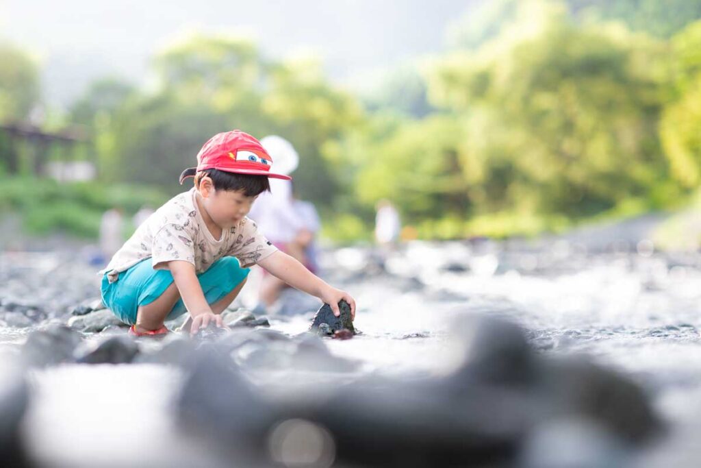 河で石を探しをする男児の写真