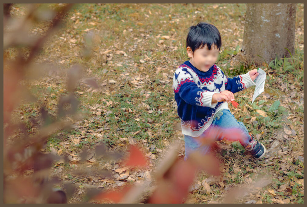 葉っぱを前ボケに使用した子どもの写真